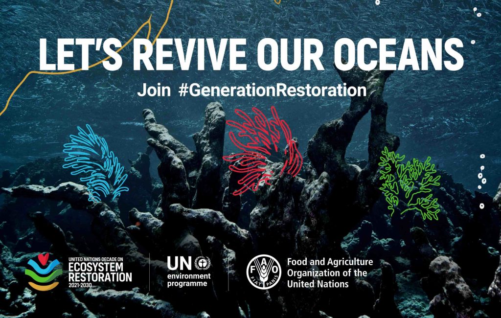 Loghi del progetto Onu di Ripristino ecosistemi e hashtag Generation Restoration